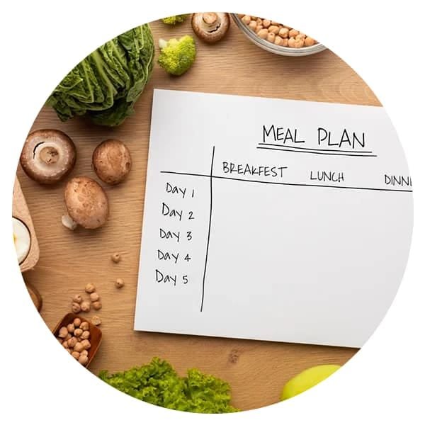 A written meal plan beside fresh ingredients